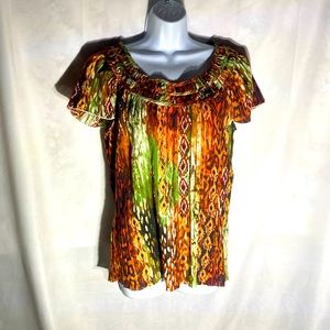 47-4 LEMON GRASS brown green multi-color scoop neck butterfly sleeve top L